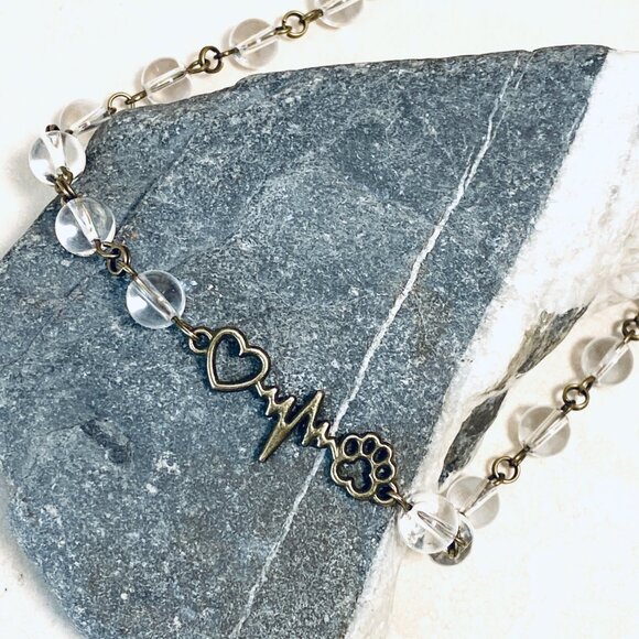 Genuine Clear Quartz Short Necklace,Bronze Paw Print Heart Beat Natural Gemstone - Picture 4 of 16